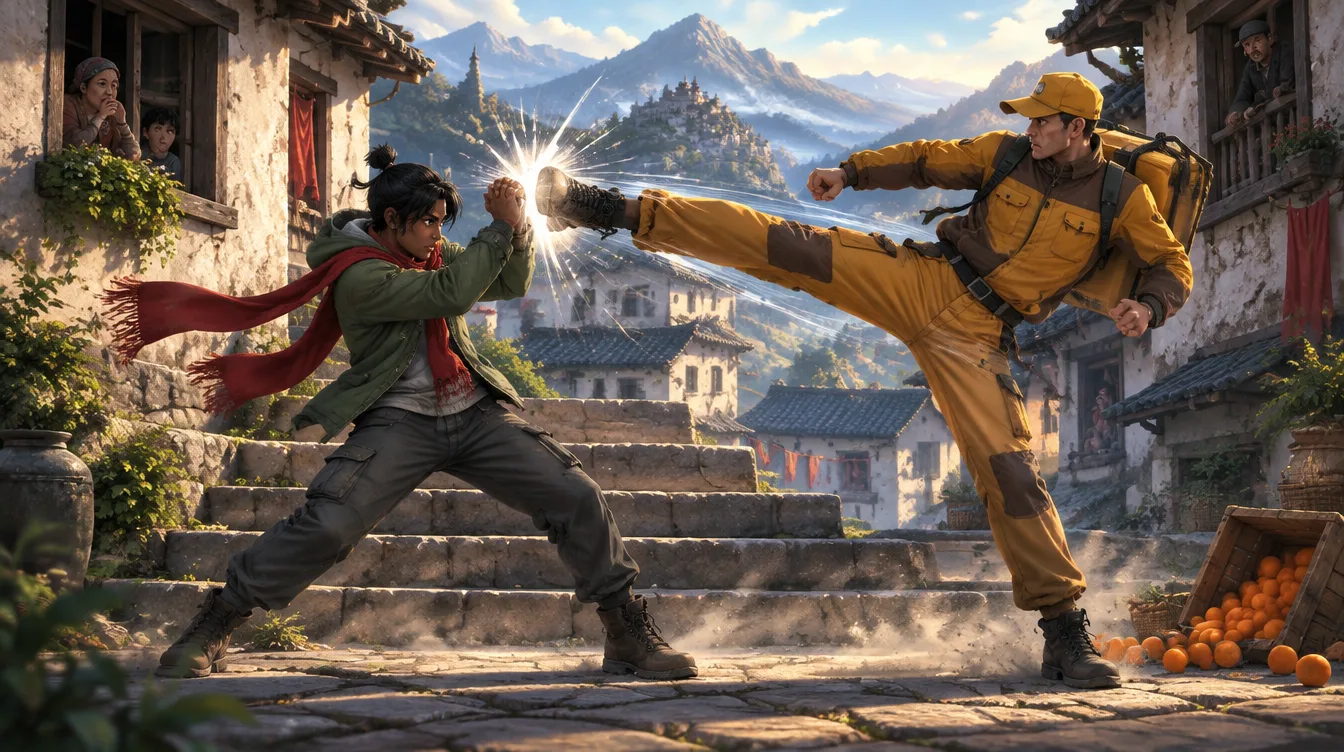 Avatar menahan tendangan tinggi kurir berseragam kuning di persimpangan tangga batu. Kilat putih di titik benturan, jeruk berserakan, tetangga menonton dari jendela.